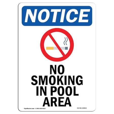 Signmission OSHA Notice Sign, No Smoking In Pool Area With Symbol, 24in X 18in Decal, 18" W, 24" L, Portrait OS-NS-D-1824-V-14802